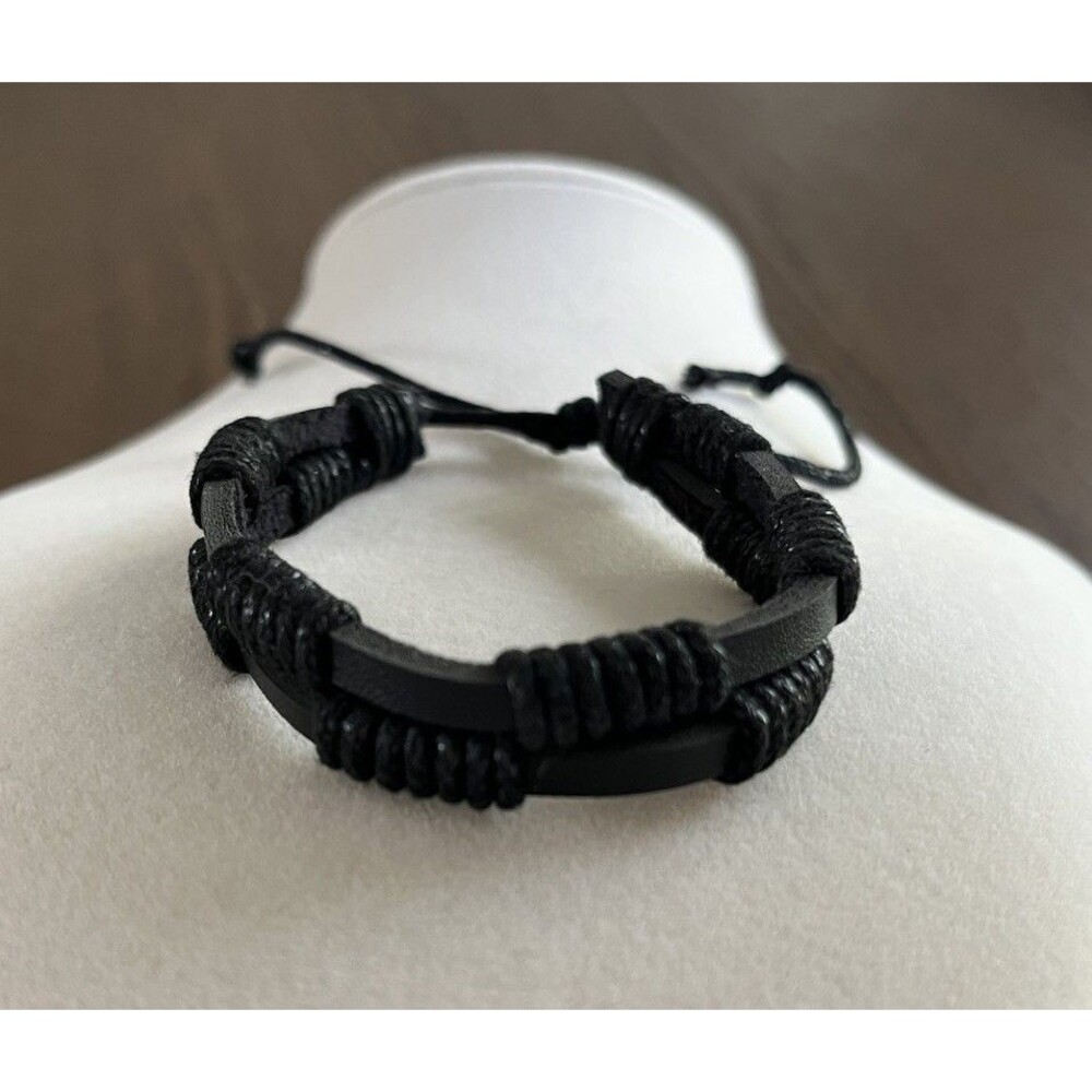 Men’s Black Leather Band Bracelet Adjustable Boho Hippie Punk